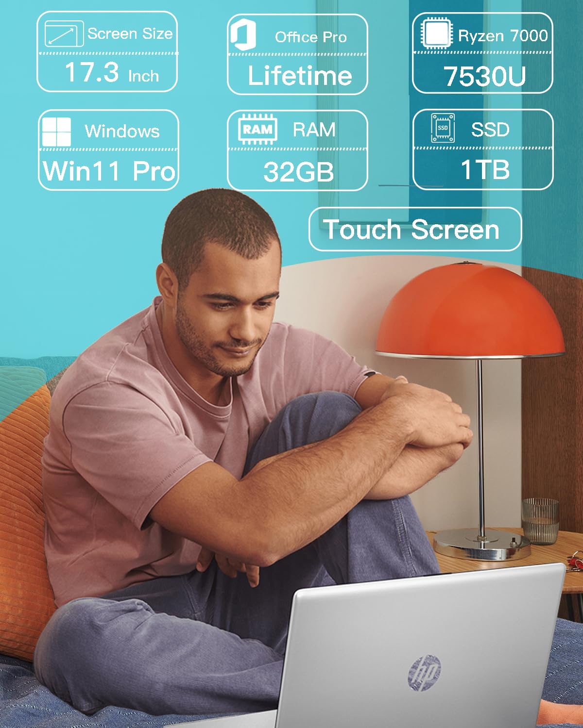 HP 17-inch Touchscreen Business Laptop - 17.3" Display, MS Office Lifetime, W/CD.DVD Drive, AMD Ryzen 5 7530U(Beats i7-1165G7, Up to 4.5Ghz), 32GB RAM 1TB SSD, Windows 11 Pro, Numeric Keypad