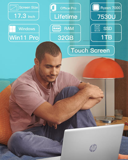 HP 17-inch Touchscreen Business Laptop - 17.3" Display, MS Office Lifetime, W/CD.DVD Drive, AMD Ryzen 5 7530U(Beats i7-1165G7, Up to 4.5Ghz), 32GB RAM 1TB SSD, Windows 11 Pro, Numeric Keypad