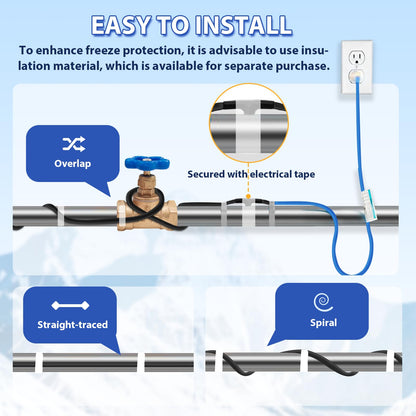 TOPDURE Self-Regulating Pre-assembled Water Pipe Heat Cable for Pipe Freeze Protection, Energy-Saving Pipe Heating Cable Keeps Water Flowing at -40°F 120V 40FT