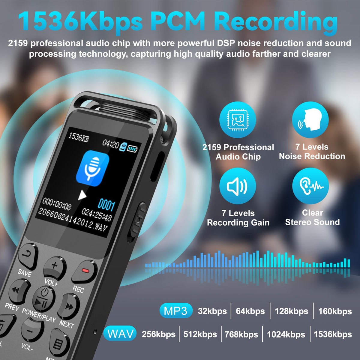 144GB Digital Voice Recorder with Playback, Volorful 1536Kbps Audio Recorder for Interviews Meetings, Voice Activated Recorder Recording Device with Noise Reduction, MP3 Stereo Player, Microphone