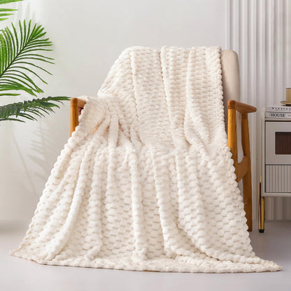 Exclusivo Mezcla Extra Large Soft Fleece Throw Blanket, 50x70 Inches Stylish Jacquard Throw Blanket for Couch, Fuzzy Cozy Lightweight for All Season, Ivory