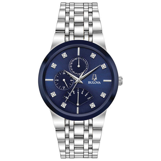 Bulova Men's Modern Stainless Steel Multi-Function Quartz Watch, Blue Dial with Diamonds Style: 96D144