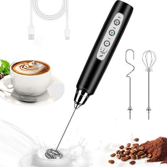 BSRGMS Milk Frother Handheld for Coffee, Electric Whisk 3 Speed Adjustable, Drink Mixer with Stainless 3 Whisks, Rechargeable Hand Frother Wand, Foam Maker for Latte Cappuccino Hot Chocolate Egg Black