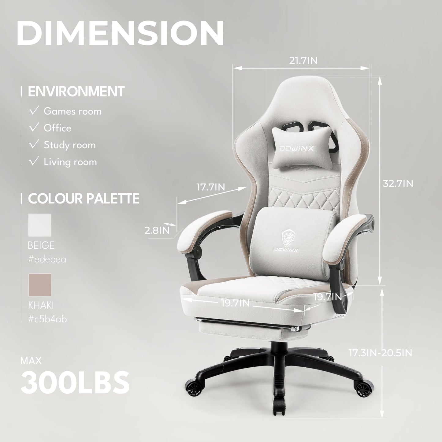 Dowinx Gaming Chair Breathable Fabric Computer Chair with Pocket Spring Cushion, Comfortable Office Chair with Gel Pad and Storage Bag,Massage Game Chair with Footrest,Beige