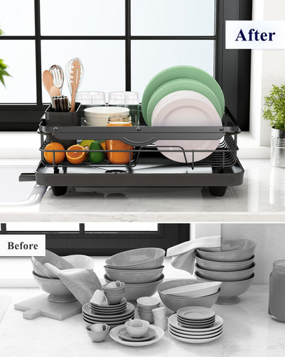 Kitsure Dish Drying Rack for Kitchen Counter, Stainless Steel Sink Organization and Storage Essentials with Cutlery Holder, Home and Appartment Decor, 12''W x 15''~23''L, Black