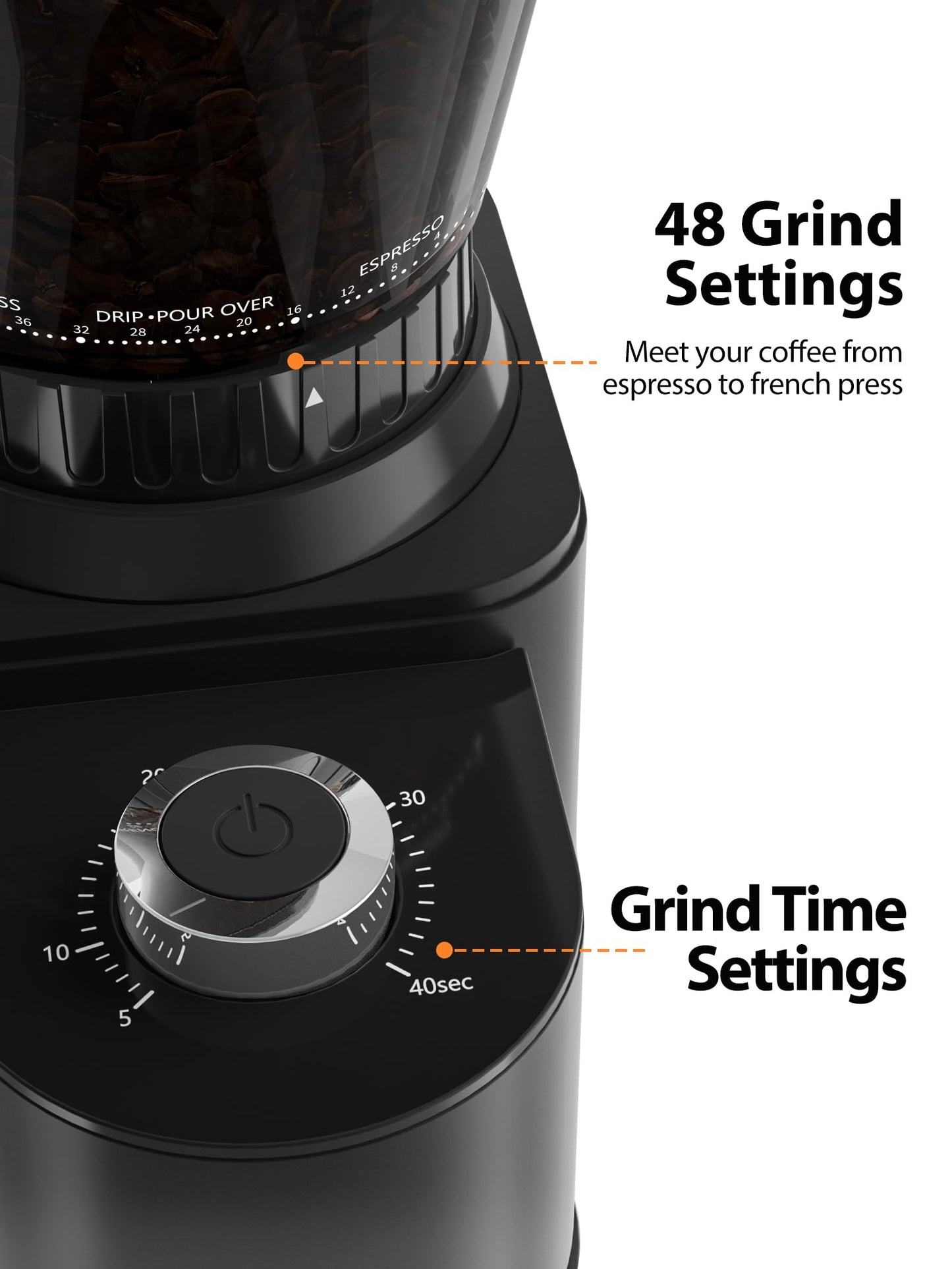 Aromaster Burr Coffee Grinder, Electric Coffee Grinders for Home Use,Stainless Steel,48 Grind Settings, Espresso/Pour Over/French Press Coffee Maker