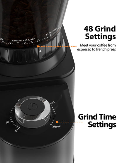 Aromaster Burr Coffee Grinder, Electric Coffee Grinders for Home Use,Stainless Steel,48 Grind Settings, Espresso/Pour Over/French Press Coffee Maker