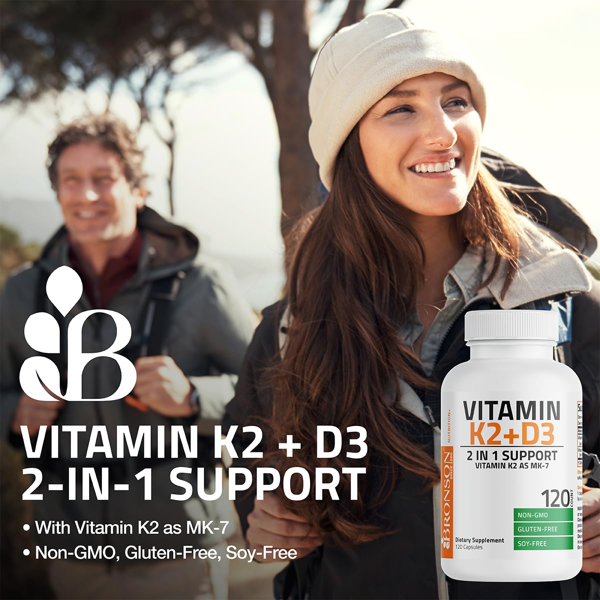 Bronson Vitamin K2 (MK7) with D3 Supplement Non-GMO Formula 5000 IU Vitamin D3 & 90 mcg Vitamin K2 MK-7 Easy to Swallow Vitamin D & K Complex, 120 Capsules.