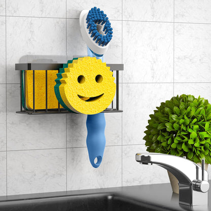 MURLONG Sponge Holder Smiley Face, Sink Caddy for kitchen Sink, Kitchen Organizer Sponge Holder with 2 PCS Suction Cups/1 PCS Adhesive Strips, Designed for Sponge, Soap, Dish brush, Scrubber-Black