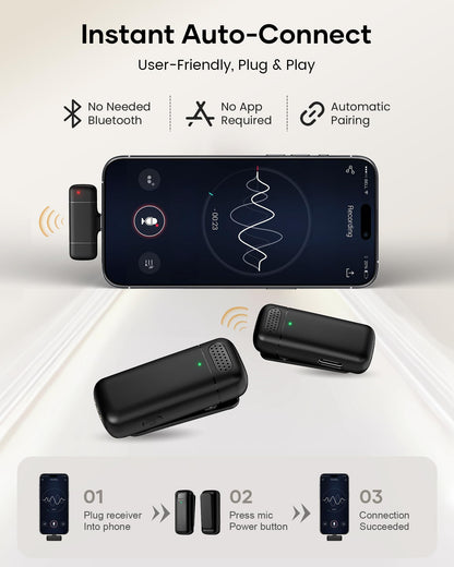 KUKIHO Wireless Lavalier Microphone with Charging Case, 36H Battery Life, Noise Cancellation, 135ft Range, Plug-and-Play Clip-On Mic for iPhone, iPad, Android, YouTube, Vlog, Live Streaming