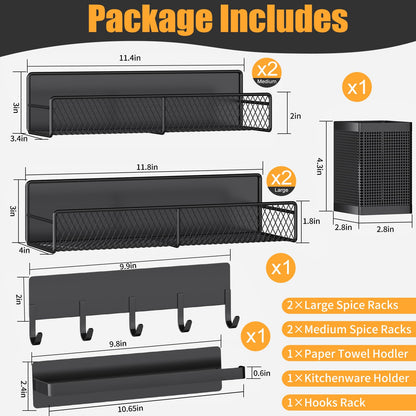 Magnetic Spice Rack for Refrigerator, 7 Pack 100% Metal Strong Magnet Shelves, Kitchen Spice Organizer W/ Hook Rack, Paper Towel Holder, Utensils Caddy, Home Laundry Room Storage Organization (Black)