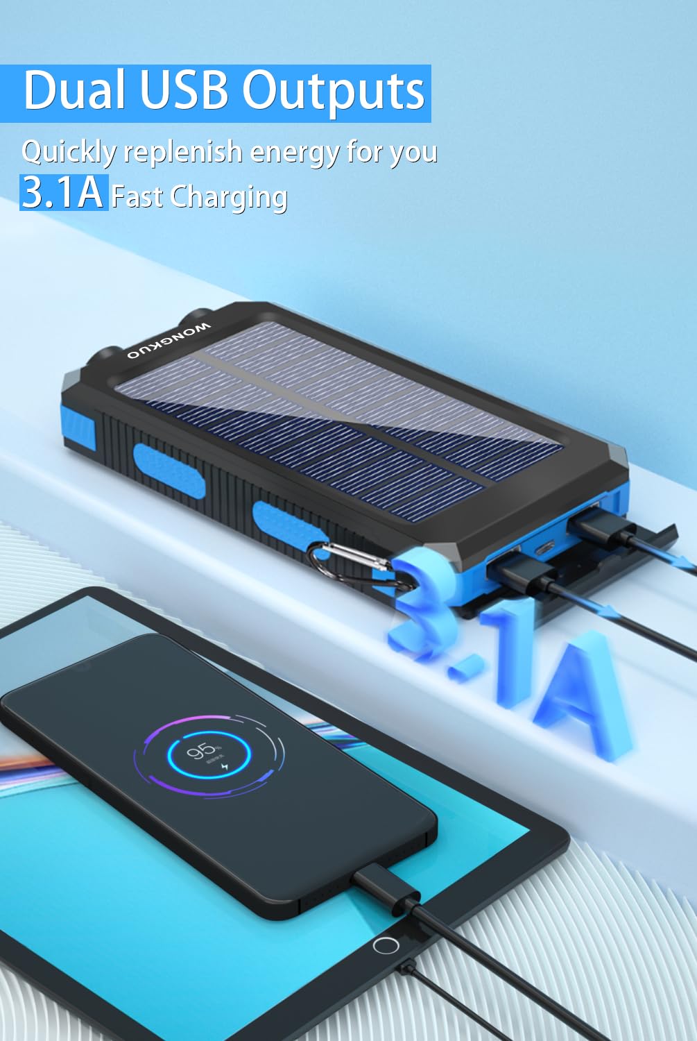 WONGKUO Solar Charger Power Bank - 𝟮𝟬𝟮𝟰 𝙐𝙥𝙜𝙧𝙖𝙙𝙚 36800mAh Solar Phone Charger, QC3.0 Fast Charger with LED Flashlight, IP65 Waterproof Portable Power Bank for Outdoor Activities