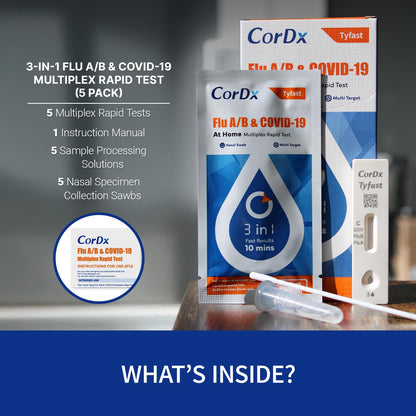 CorDx TyFast 10 Mins Flu A/B & Covid 19 Multiplex Rapid Test, Results in 10 Minutes—Precision Skip The 15 Wait, EUA Authorized, at Home 3 in 1 Combo Kit, 5 Tests, Use-Friendly & No Discomfort