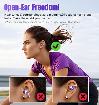 King Lucky Clip on Earbuds Open Ear Wireless Bluetooth 5.4 Headphones with Mic,50H Play,Noise Cancelling,Waterproof,Sports Ear Buds,Comfortable for Small Ears & Glasses Wearers,Workouts (Purple)