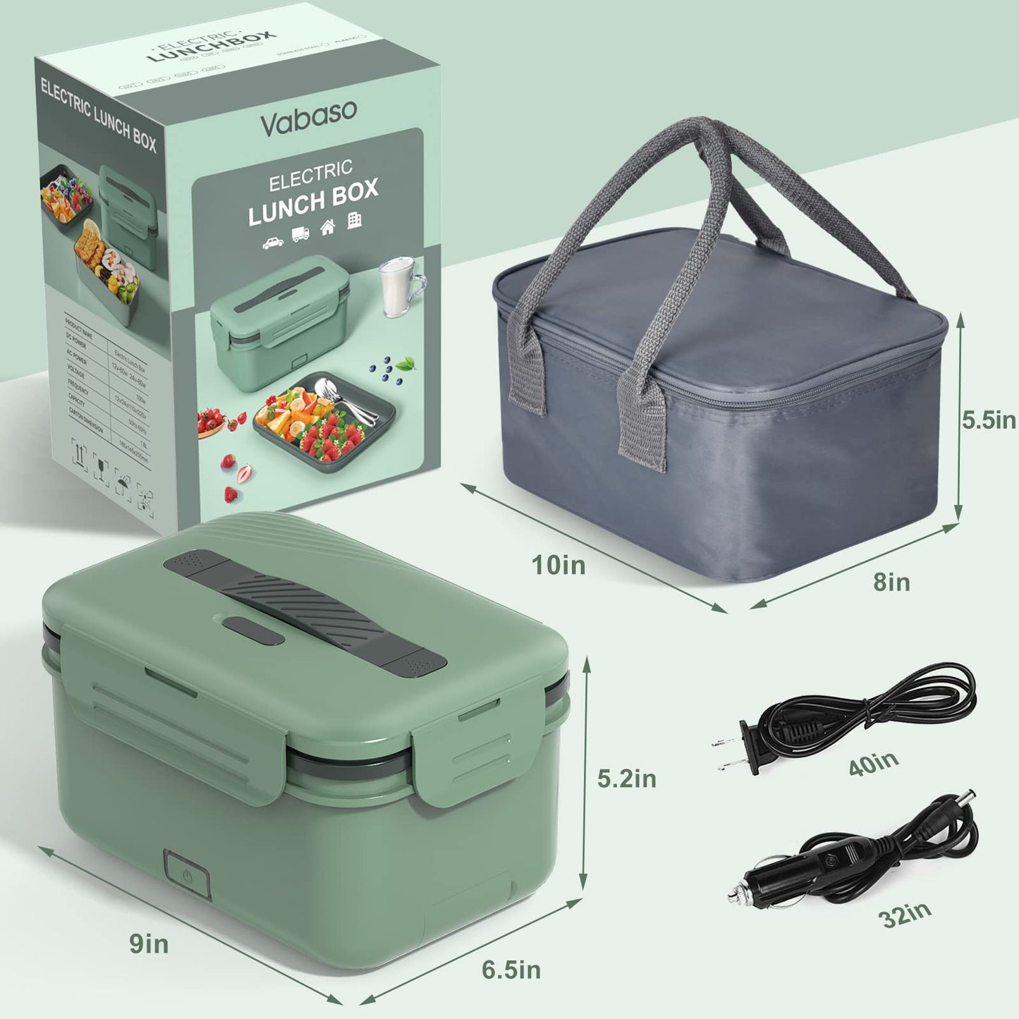 Vabaso Electric Heated Lunch Box for Adults, 100W Portable Food Warmer for Car/Truck Home/Work, Heating Lunchbox with 1.8L/61oz Stainless Steel Container, 12V/24V/110V