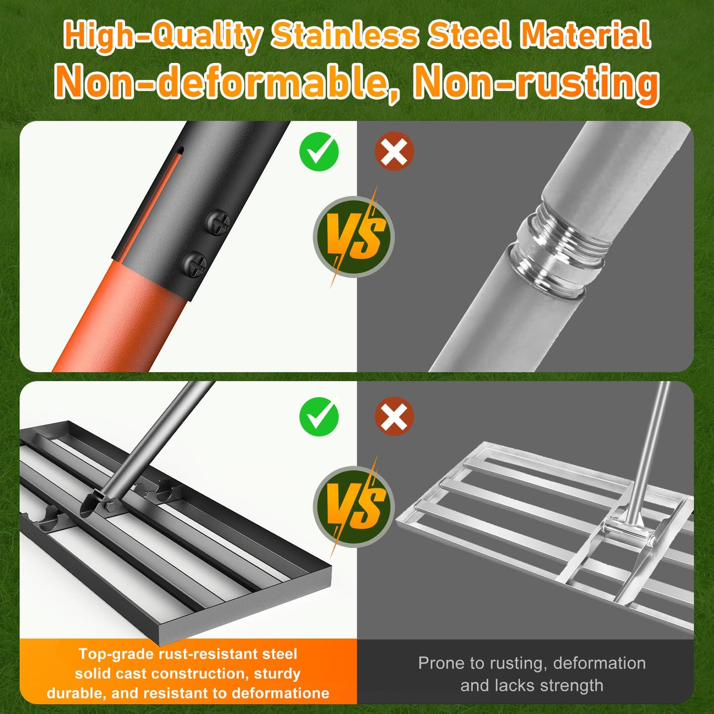 Lawn Leveling Rake, 30x10 with 78" Adjustable Handle, Stainless Steel Leveling Rake, Lawn Care Tool for Backyard, Garden, Golf Course, Farm and Pasture