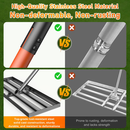 Lawn Leveling Rake, 30x10 with 78" Adjustable Handle, Stainless Steel Leveling Rake, Lawn Care Tool for Backyard, Garden, Golf Course, Farm and Pasture
