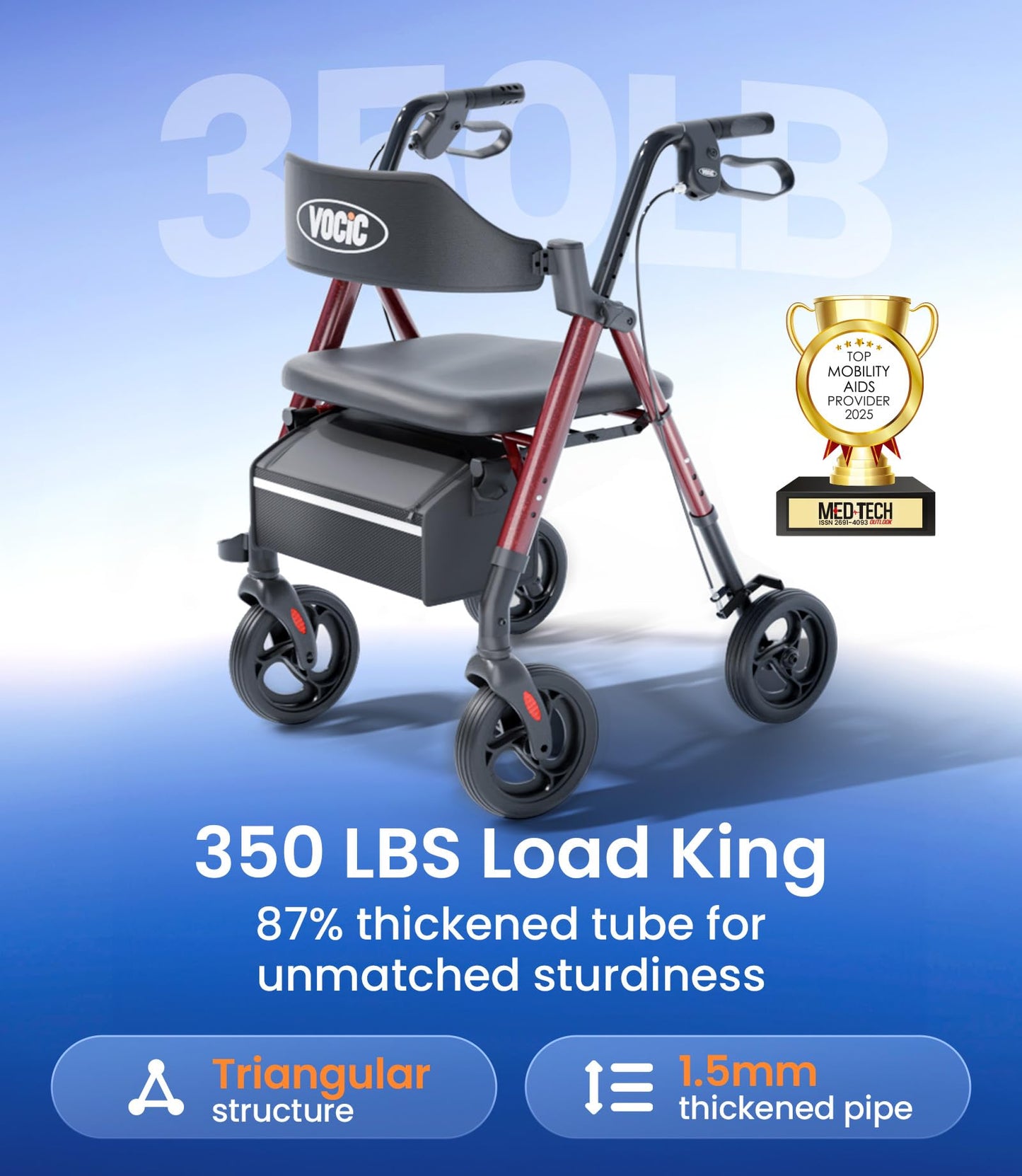 VOCIC Walkers for Seniors, Z21 Rollator Walker with Seat Supports 350lb, 8" Big Wheels for All Terrain, Ergonomic Arc Seat & 6" Ultra Backrest Foldable Walker, Dual Height Adjustment, Lightweight 2025