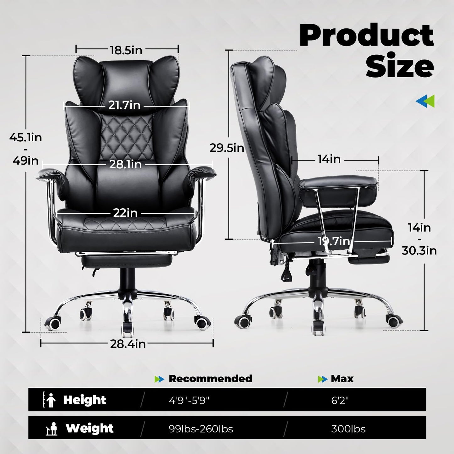 COMHOMA Big and Tall Office Chair, High Back Leather Gaming Chair with Footrest, Executive Ergonomic Office Chair with Pocket Spring Lumbar Support and with Outward Fixed Soft Armrests