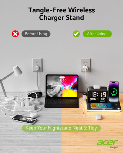 acer 7-in-1 Wireless Charging Station: Charger Stand for Multiple Devices for Apple - iPhone 16 15 14 13 12 Pro Max Apple Watch Airpods, Wireless Charger iPhone Charging Station with Bluetooth TimeSyn