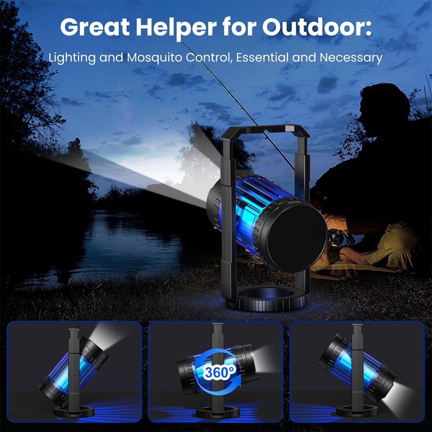Evolpol Bug Zapper Outdoor & Indoor, 5000mAh Rechargeable 4 in 1 Electric Mosquito Zapper, 4200V with LED Light Hanging Portable Mosquito Killer，Fly Trap for Outdoor Patio, Camping, Backyard, Fishing