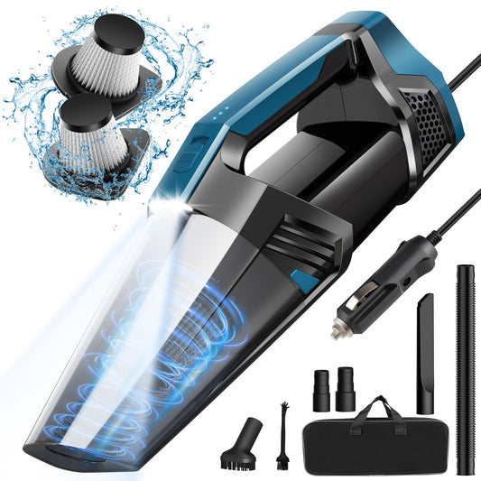 Car Vacuum Cleaner - Portable Handheld Vacuum High Power with 16.4ft Cord, Bag, LED Light & Attachments - DC 12V High Power Small Vacuum for Car, RV, Boats, Travel