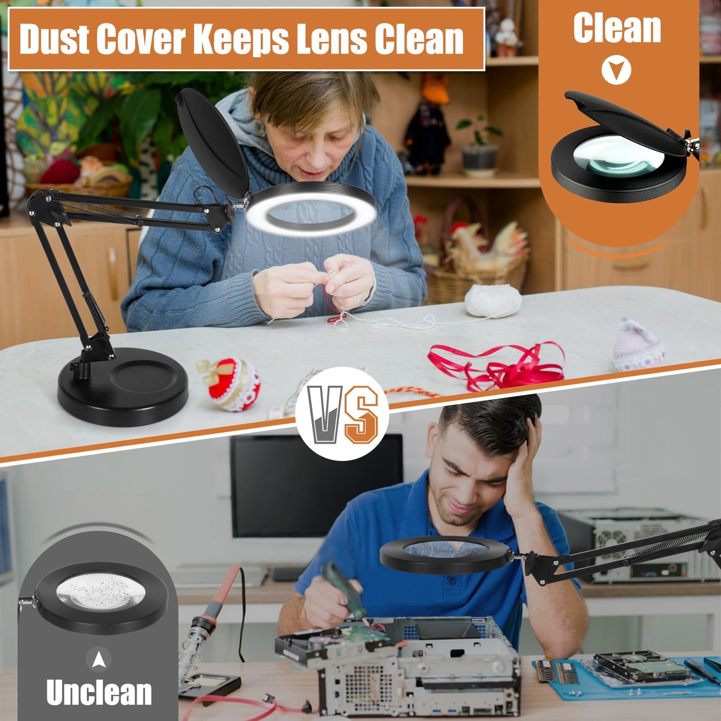 Veemagni 10X Magnifying Glass with Light and Stand, 2-in-1 LED Magnifying Desk Lamp with Clamp & Lens Cover, 3 Color Modes Stepless Dimmable Hands Free Lighted Magnifier for Crafts Reading Painting