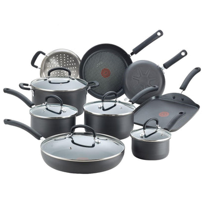 T-fal Ultimate Hard Anodized Nonstick Cookware Set 14 Piece, Oven Broiler Safe 400F, Lid Safe 350F, Kitchen Cooking Set w/Fry Pans, Saucepans, Griddle, Dutch Oven, Pots & Pans, Dishwasher Safe, Black