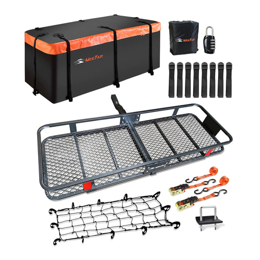 MeeFar Folding Hitch Mount Cargo Carrier Basket 60" X 20" X 6"+Waterproof Cargo Bag 16 Cubic Feet(58" 19" 24"),Hauling Weight Capacity of 500 Lbs and A Folding Arm.with Hitch Stabilizer,Net and Straps