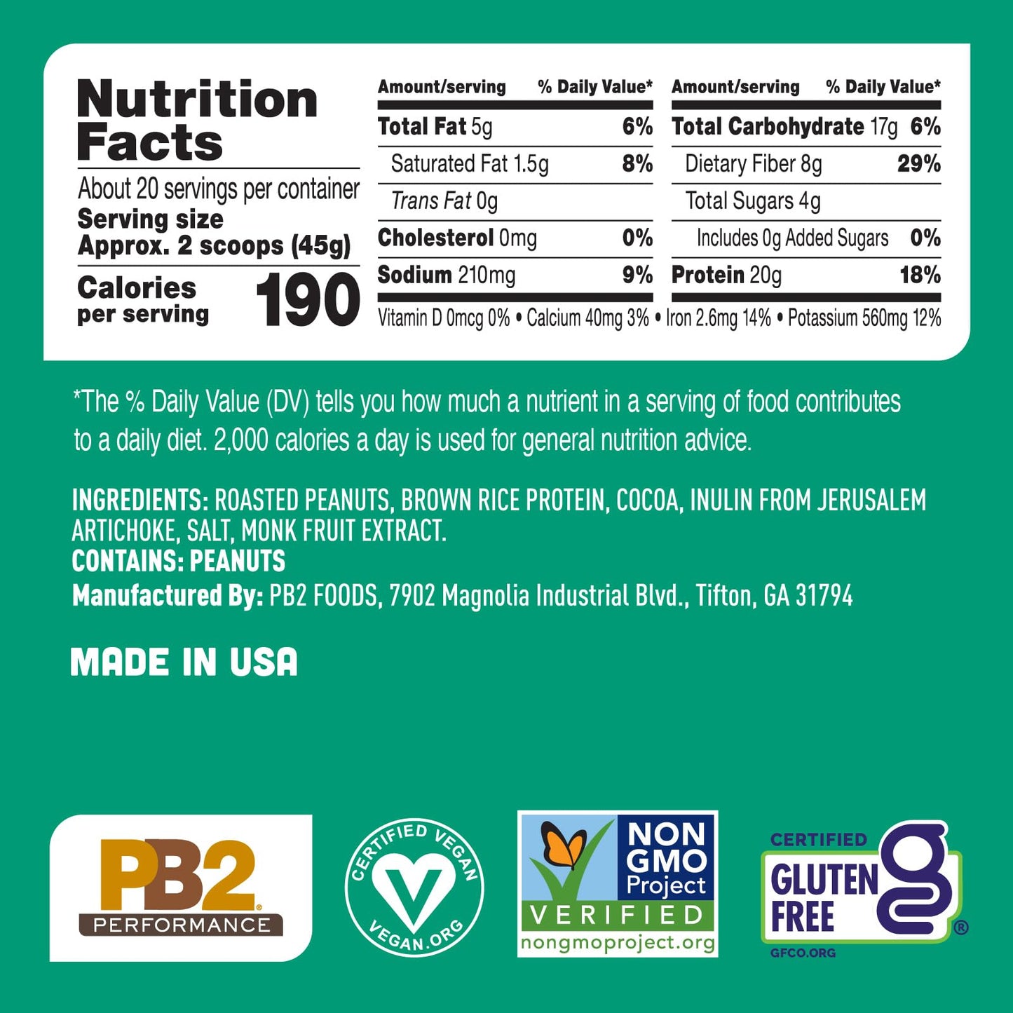 PB2 Performance Peanut Plant Based Vegan Protein Powder | 20g Complete Protein, No Added Sugar, Prebiotic Fiber | Dairy Free, Certified Vegan, Non-GMO, and Gluten Free [Peanut with Dutch Cocoa, 2lb]