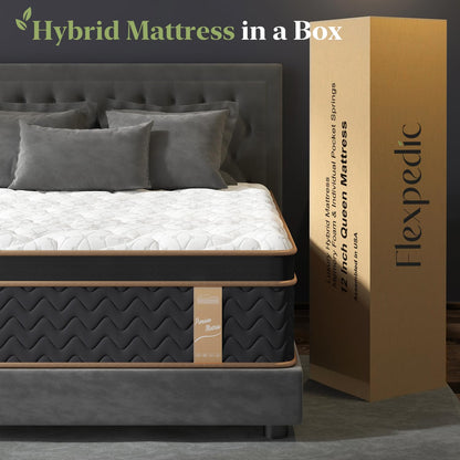 FP Flexpedic Queen Mattress, 12 Inch Extra Plush Hybrid Mattress with Memory Foam,Fiberglass-Free Mattress in a Box, Individual Pocket Spring-Motion Isolation-Edge Support,100 Nights Trial,CertiPUR-US