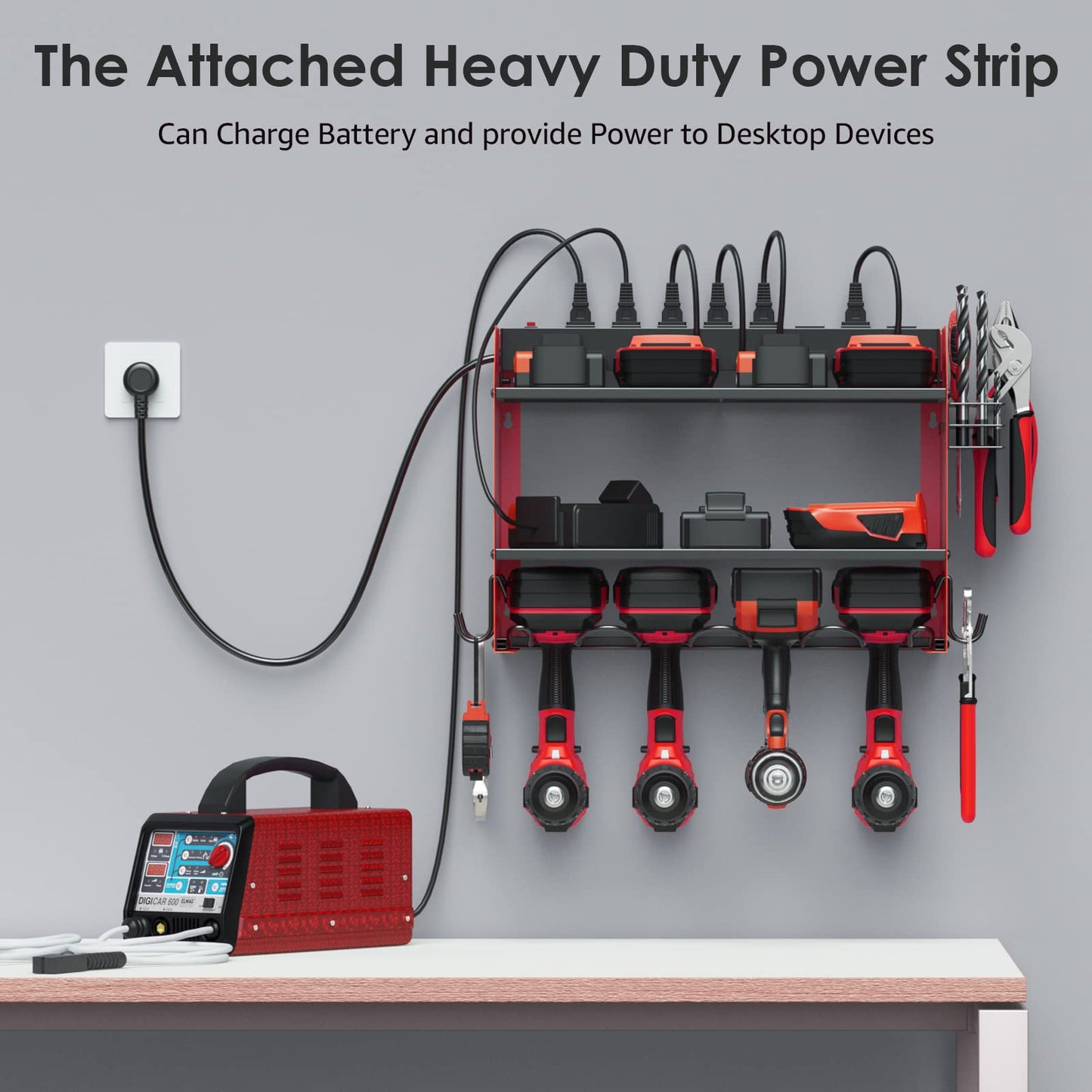 CCCEI Modular Power Tool Organizer Wall Mount with Charging Station. Garage 4 Drill Storage Shelf with Hooks, Screwdriver, Drill Bit Heavy Duty Rack, Tool Battery Holder Built in 8 Outlet Power Strip.