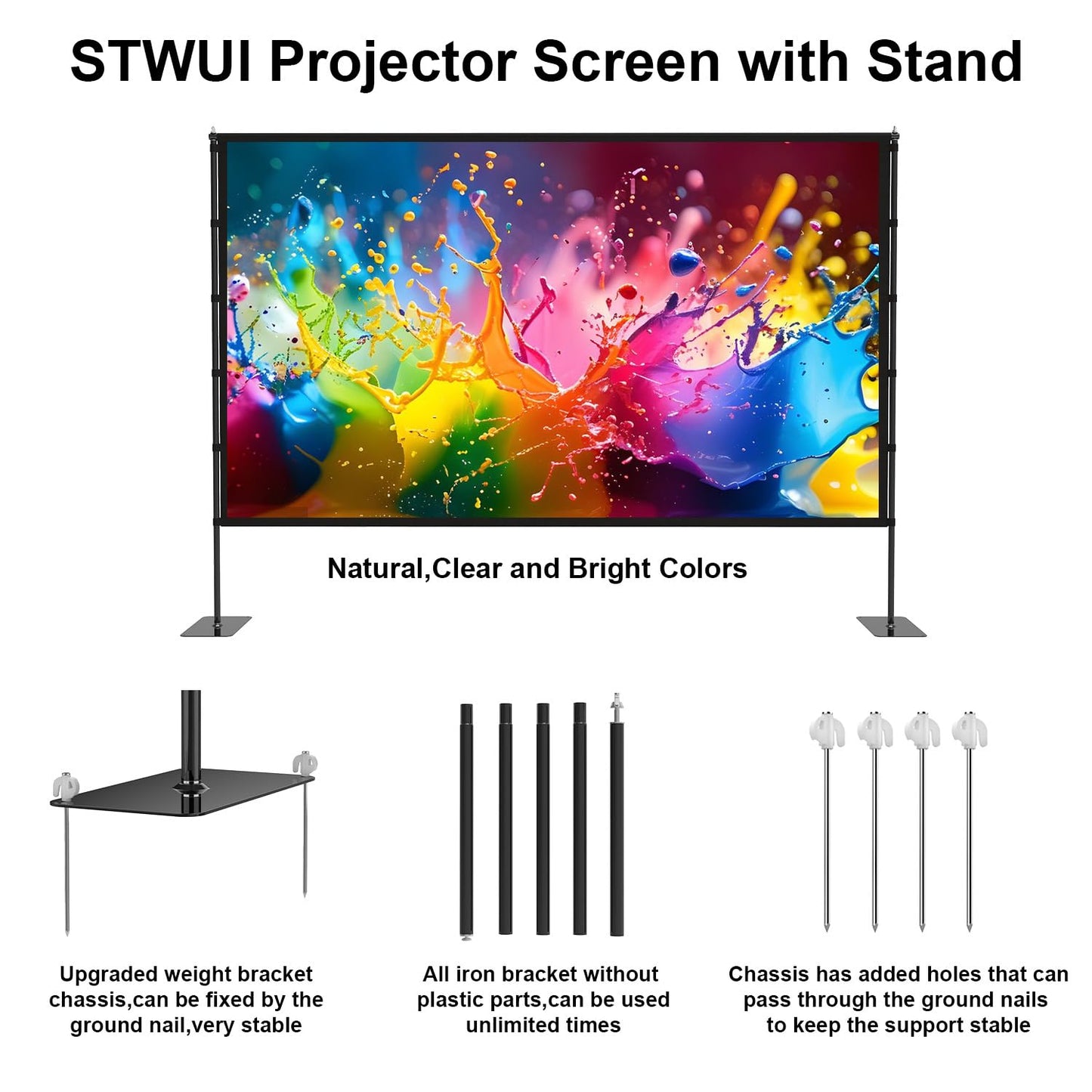 Outdoor-Projector-Screen-with-Stand - 120 inch Portable Projector Screen Indoor Outdoor Projector Screens 16:9 4K HD Lightweight Movie Screen with Carry Bag for Backyard Movie Night