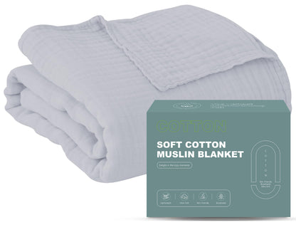 Cosy Family 6 Layer Muslin Bed Blanket - Breathable and Lightweight Gauze Boho Blanket for Spring, Soft 100% Cotton Muslin, Slate, 80x90 Inches