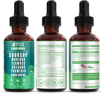 Vyxion Soursop Bitters Liquid Drops 10 in 1 with Sea Moss, Moringa, Turmeric, Black Seed Oil, Oregano, Ashwagandha | Herbal Extracts for Overall Health-Enhancing | Vegan, Non-GMO | 2 Fl Oz