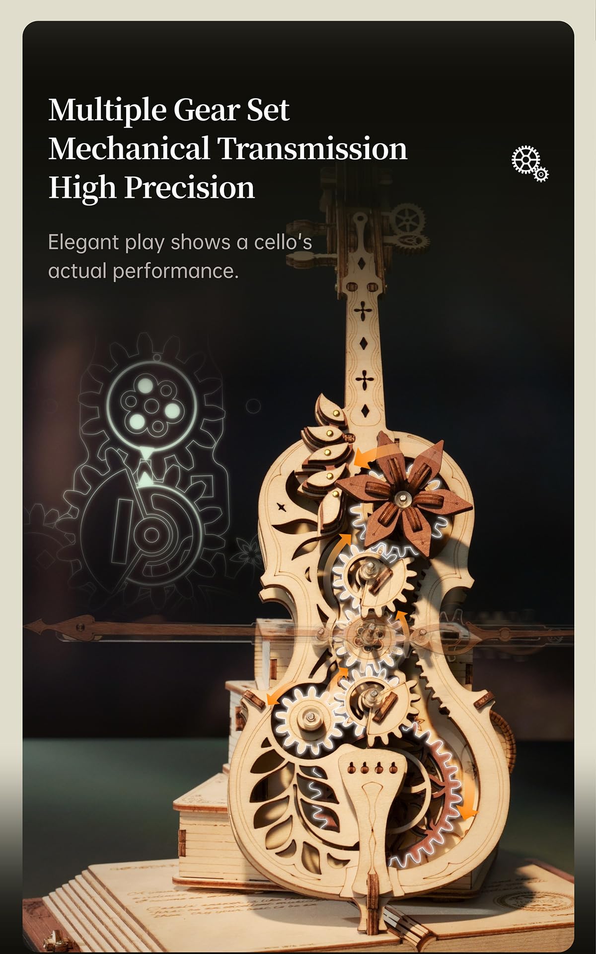 ROBOTIME Wooden Music Box Puzzles for Adults AMK63 Magic Cello, 3D Wooden Puzzles for Adults/Teens Wooden Model Kits to Build, House Warming Musical Gift Hobby Kit STEM Toy Home Decor