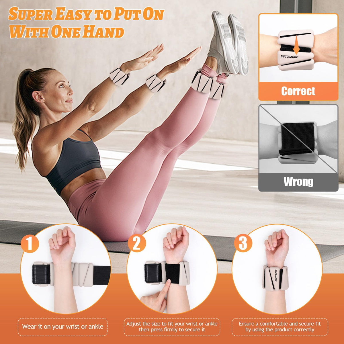 BECOJADDE Wrist Ankle Weights Adjustable Training Intensity for Strength Training Walking Running Yoga Pilates Jogging for Women Men Set of 2 (1 lb Each), Beige