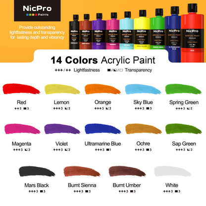 Nicpro 14 Colors Large Bulk Acrylic Paint Set (16.9 oz,500 ml) Rich Art Painting Supplies, Non Toxic for Multi Surface Canvas Wood Leather Fabric Stone Craft, for Kid & Adult with Color Wheel