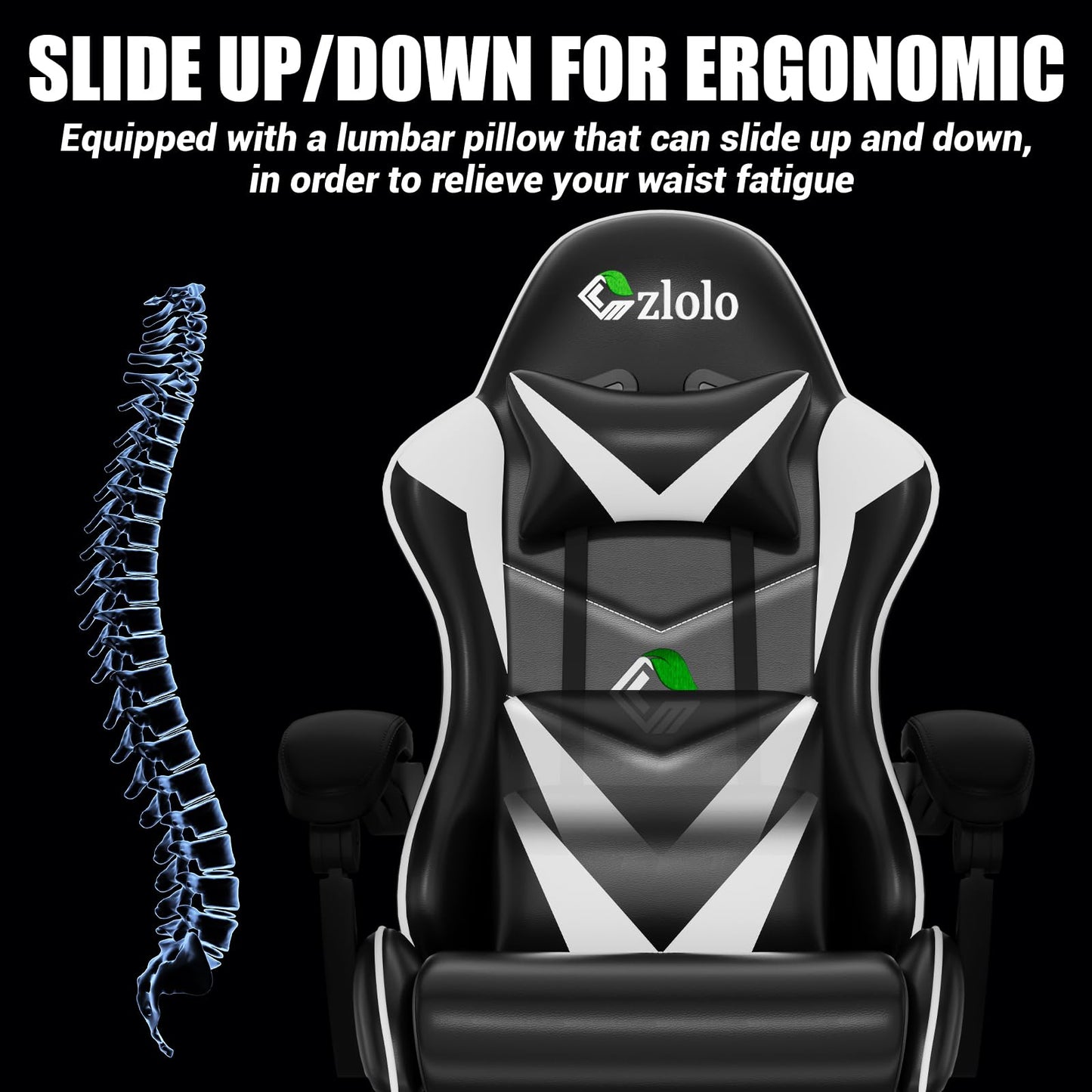 Czlolo Gaming Chair with Footrest Racing Style Lumbar Support Massager Video Game Chair with Metal Legs, High Back Reclining Gamer Chair with Headrest, 360° Swivel Office Computer Desk Chair (White)