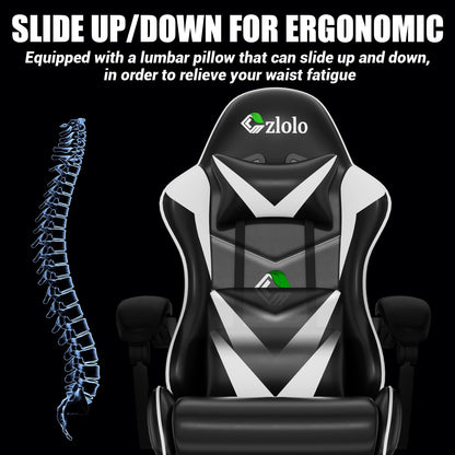 Czlolo Gaming Chair with Footrest Racing Style Lumbar Support Massager Video Game Chair with Metal Legs, High Back Reclining Gamer Chair with Headrest, 360° Swivel Office Computer Desk Chair (White)