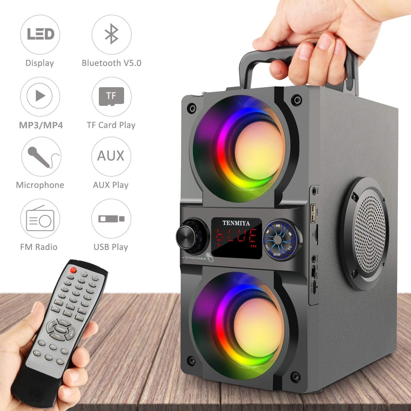 Bluetooth Speaker, 40W (60W Peak) Portable Wireless Speaker with Colorful Lights, Double Subwoofer Heavy Bass, FM Radio, MP3 Player, Bluetooth 5.0, Loud Stereo speakers for Home Outdoor Party Camping