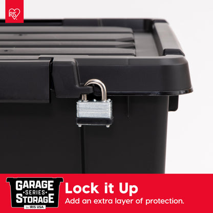 IRIS USA 20 Gallon Lockable Storage Bins with Lids, 6 Pack - Made in USA, Heavy Duty, Stackable Containers, Garage Organizing Bins Moving Tubs, Rugged Sturdy Equipment Utility Box - Black