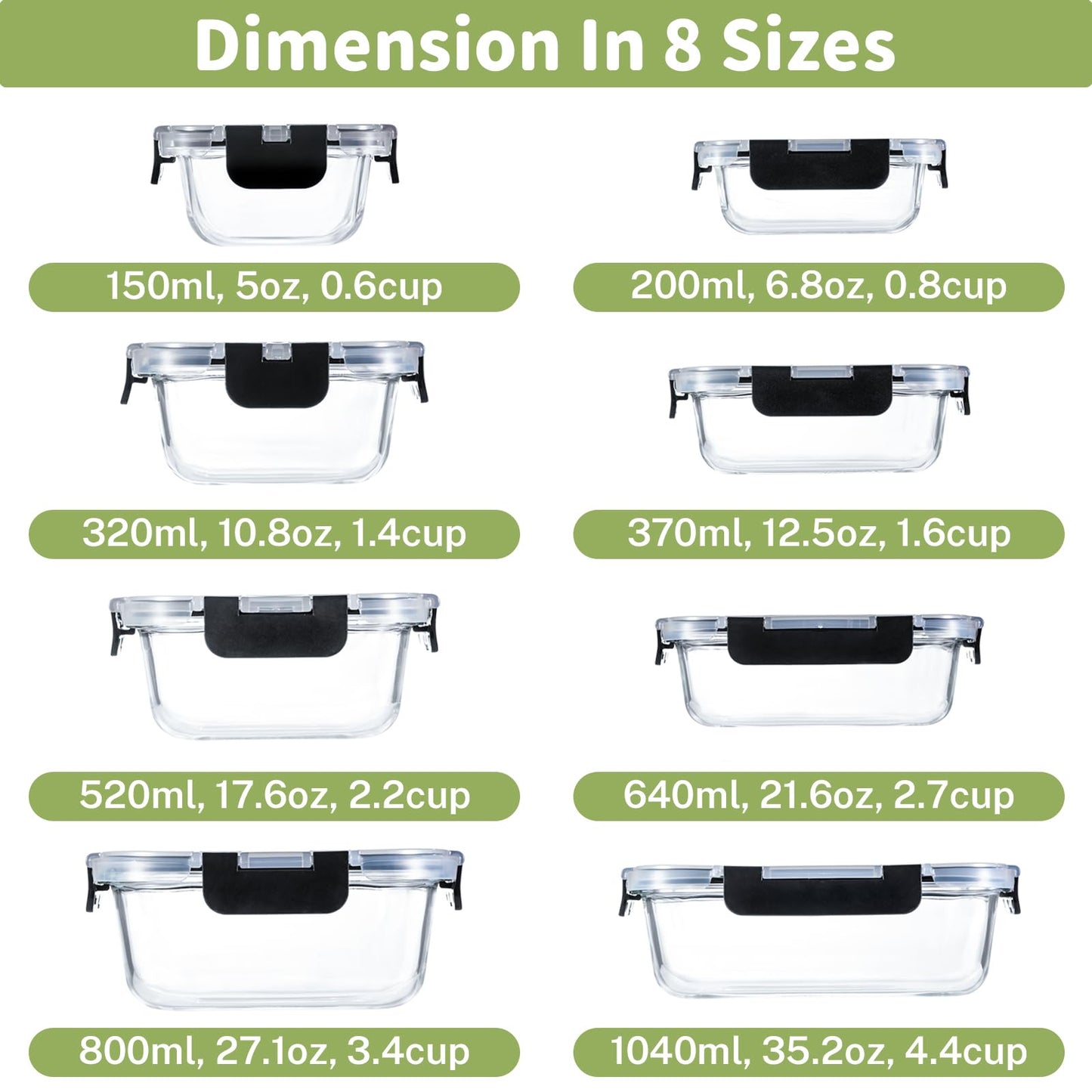 8 Pack Borosilicate Glass Food Storage Containers with Lids, Glass Meal Prep Containers, Airtight Bento Lunch Boxes with Leak Proof Locking, Oven, Freezer and Dishwasher Safe, BPA Free, 5-35oz