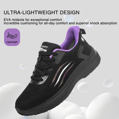 Treesky Non Slip Work Shoes for Women in Food Service - Slip Resistant, Comfortable & Lightweight Sneakers, Suitable for Restaurant, Kitchen & Nursing Crews (Black & Purple, Size 7)