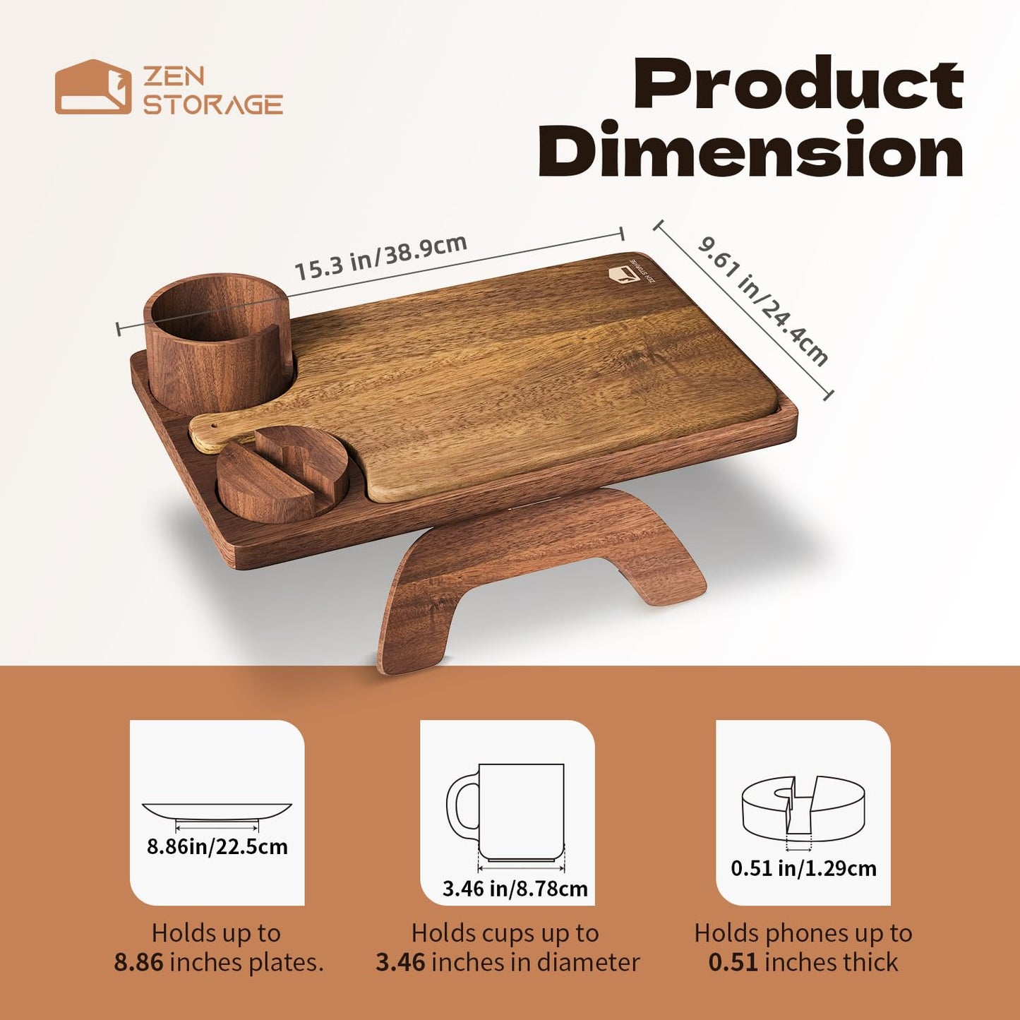 ZenStorage Acacia Wood Couch Arm Table Tray with Charcuterie Board with Phone Holder, Cup Slot & Folding for Wide/Narrow Recliners, Snack Table for Small Spaces TV Entertaining (Natural Wood)