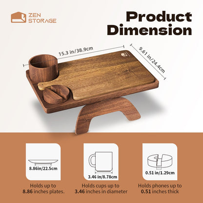 ZenStorage Acacia Wood Couch Arm Table Tray with Charcuterie Board with Phone Holder, Cup Slot & Folding for Wide/Narrow Recliners, Snack Table for Small Spaces TV Entertaining (Natural Wood)