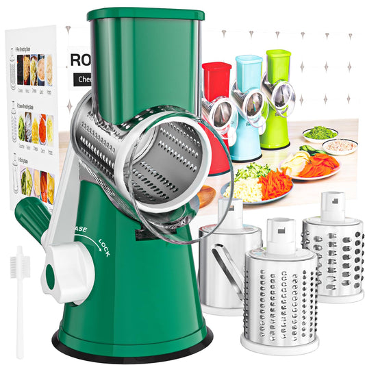 Cambom Rotary Cheese Grater Hand Crank Cheese Shredder for Fresh Cheese, Vegetable, Nuts,Non-slip Suction Base, Free Cleaning Brush Three Blades, Deep Green