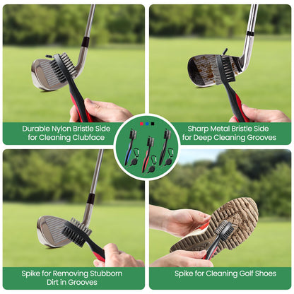3 Pack Golf Club Brush and Club Groove Cleaner with Retractable Zip-line and Aluminum Carabiner Cleaning Tools , Golf Accessories, Golf Gifts for Men , Golf Ball Cleaner, Easily Attaches to Golf Bag