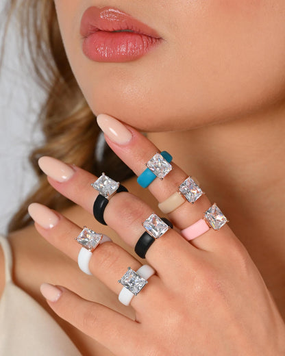 Rinfit Silicone Ring with Stone - Emerald Cut Cubic Zirconia Solitaire Engagement Ring for Women - Rubber Wedding Bands - Nude/Rose Gold - Size 8