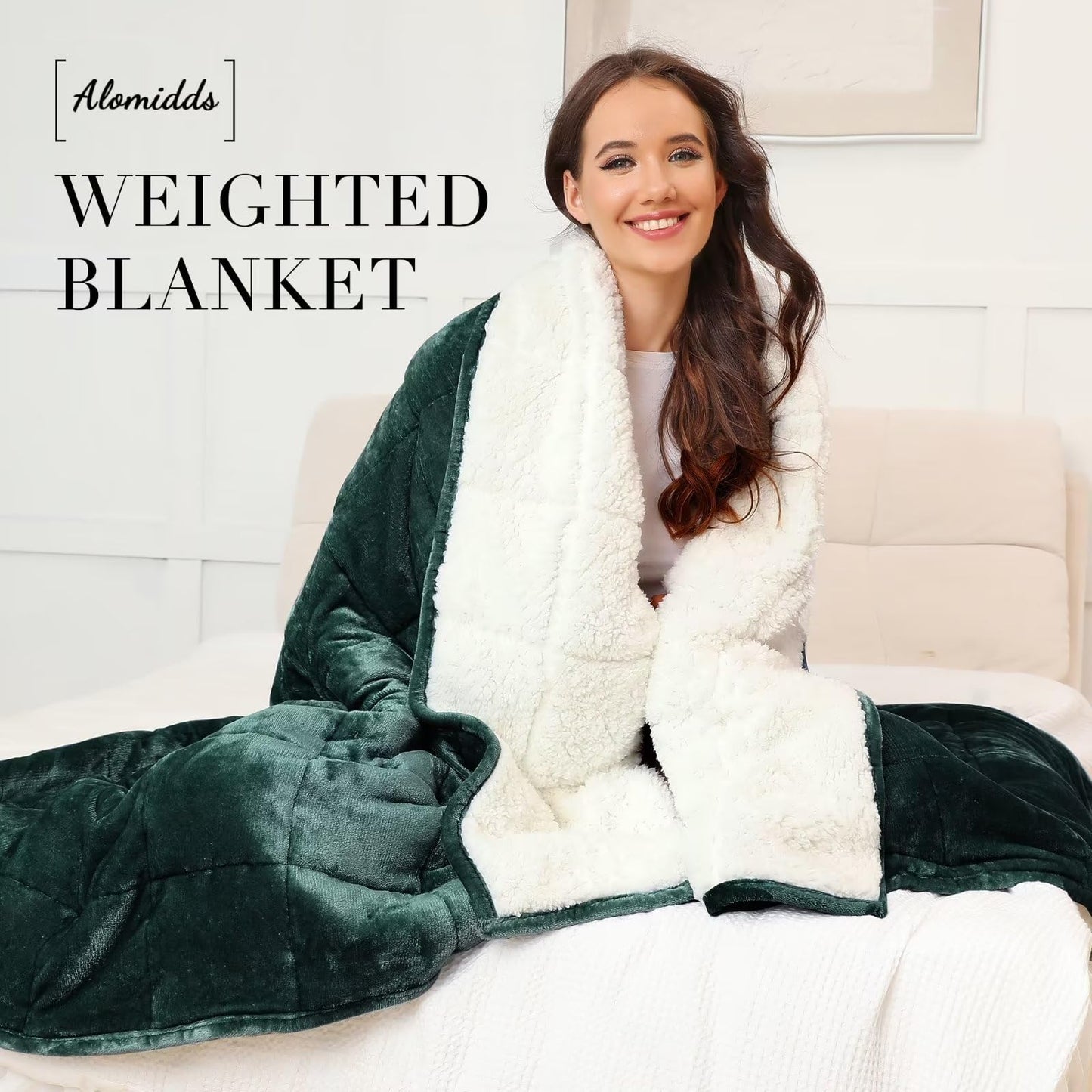 Alomidds Sherpa Fleece Weighted Blanket for Adults(20lbs Twin Size) Heavy Blanket with Fluffy Warm Thick Sherpa & Cozy Soft Flannel Snuggle Great for Sofa Bed Calming, 48x72 inches, Forest Green